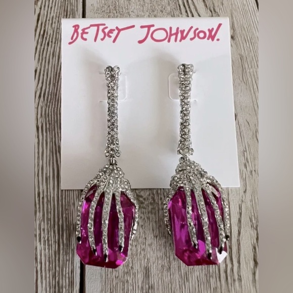 Betsey Johnson Jewelry - Betsey Johnson Rich Witch Hanging Skeleton Hands Crystals Pink Gem Drop Earrings